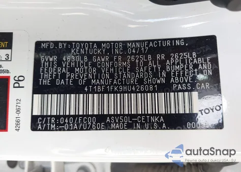 2017 Toyota Camry Le z USA, uszkodzony, nr VIN 4T1BF1FK9HU426081